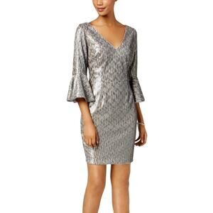 Adrianna Papell Silver Sequin Party Dress Bell 3/4 Sleeve Glam Petite Size 4P